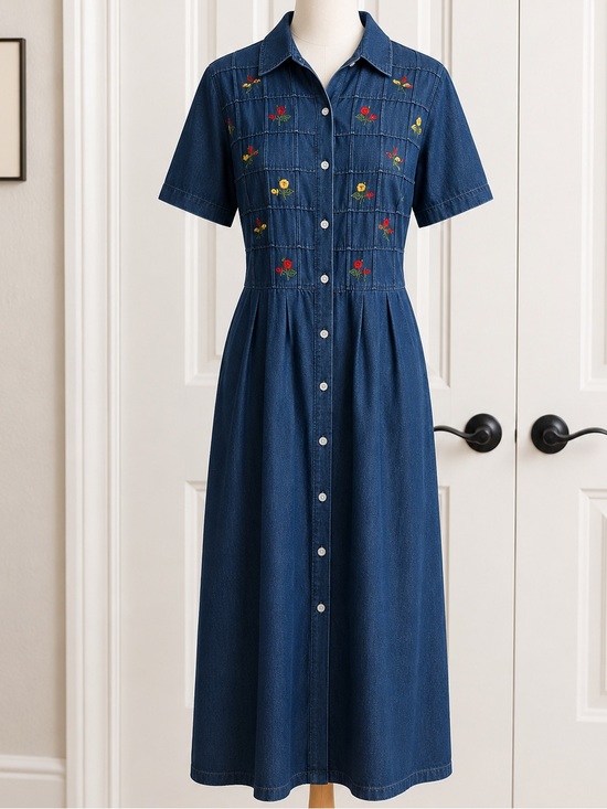 Sarin Dresses & Skirts - Vintage Sarin Embroidered Button-Front Denim Midi Dress - Blue